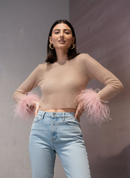 Premium Feather Cuff Sheer Mesh Top