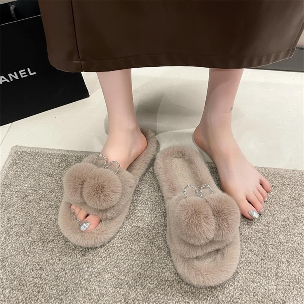 Cute Furry Glittery Pom-Pom Slippers