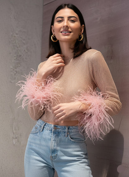 Premium Feather Cuff Sheer Mesh Top