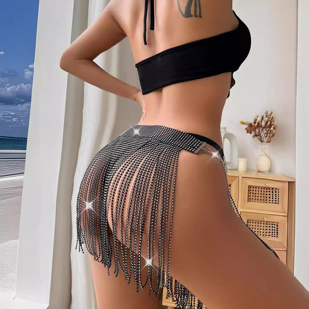 Black Rhinestone Mini Fringe Skirt
