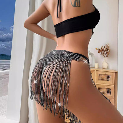 Black Rhinestone Mini Fringe Skirt