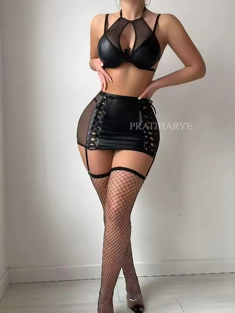 Sexy Pu Leather Skirt Garter set