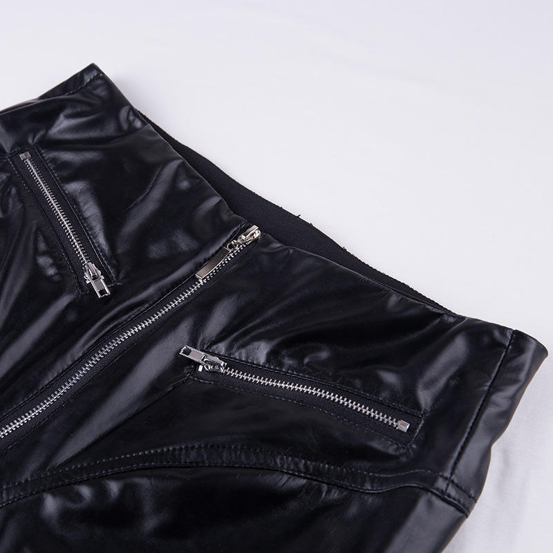 High-Waist Pu Leather Pants with Front Zip Detail