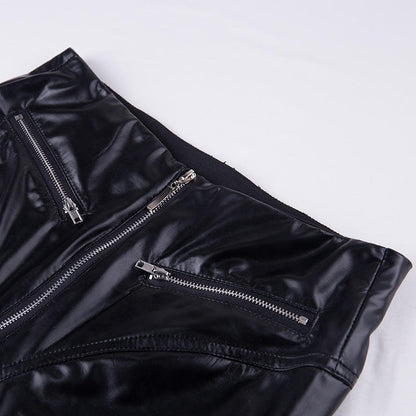 High-Waist Pu Leather Pants with Front Zip Detail
