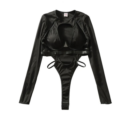 Black Long Sleeve Sexy Cut-Out Bodysuit for Women