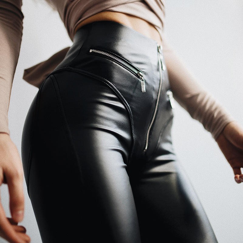 High-Waist Pu Leather Pants with Front Zip Detail