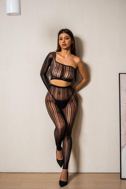 One Shoulder Black Sheer Fishnet Bodystocking