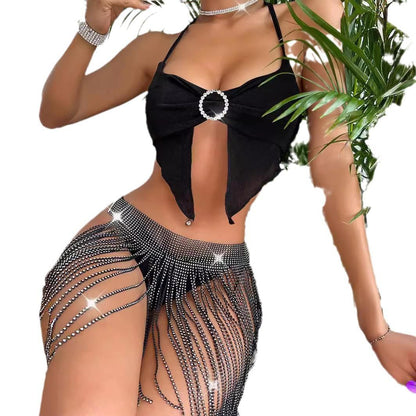 Black Rhinestone Mini Fringe Skirt
