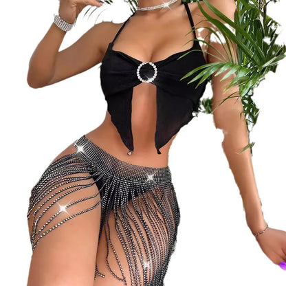 Black Rhinestone Mini Fringe Skirt