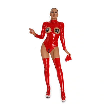 Red Open Bust PVC High Neck Bodysuit