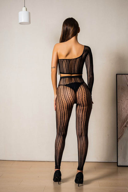 One Shoulder Black Sheer Fishnet Bodystocking