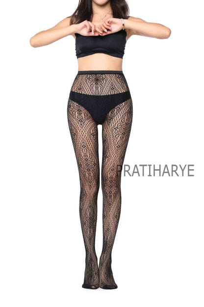 Lace Pattern High Waist Fishnet Pantyhose Stocking - D2