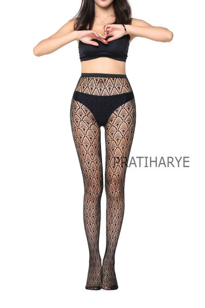 Lace Pattern High Waist Fishnet Pantyhose Stocking - D1