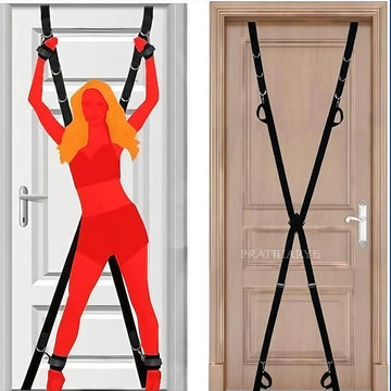 Door suspension ankle and wrist cuff restraint with black cuffs and hanging straps