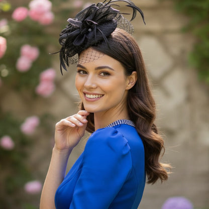 Elegant Black Feather Fascinator with Net Veil