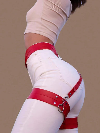 Faux Leather Waist-to-Thigh Harness Belt - Red