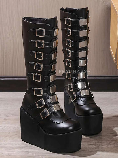 Gothic Punk High Heel Knee Buckles Boots