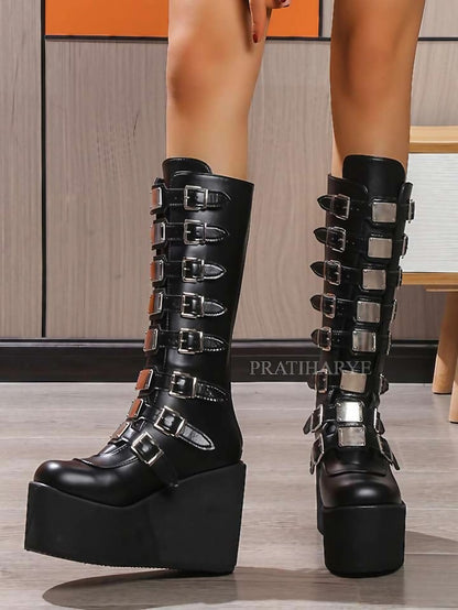 Gothic Punk High Heel Knee Buckles Boots