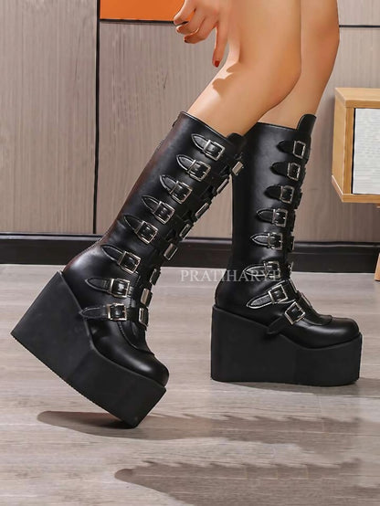 Gothic Punk High Heel Knee Buckles Boots