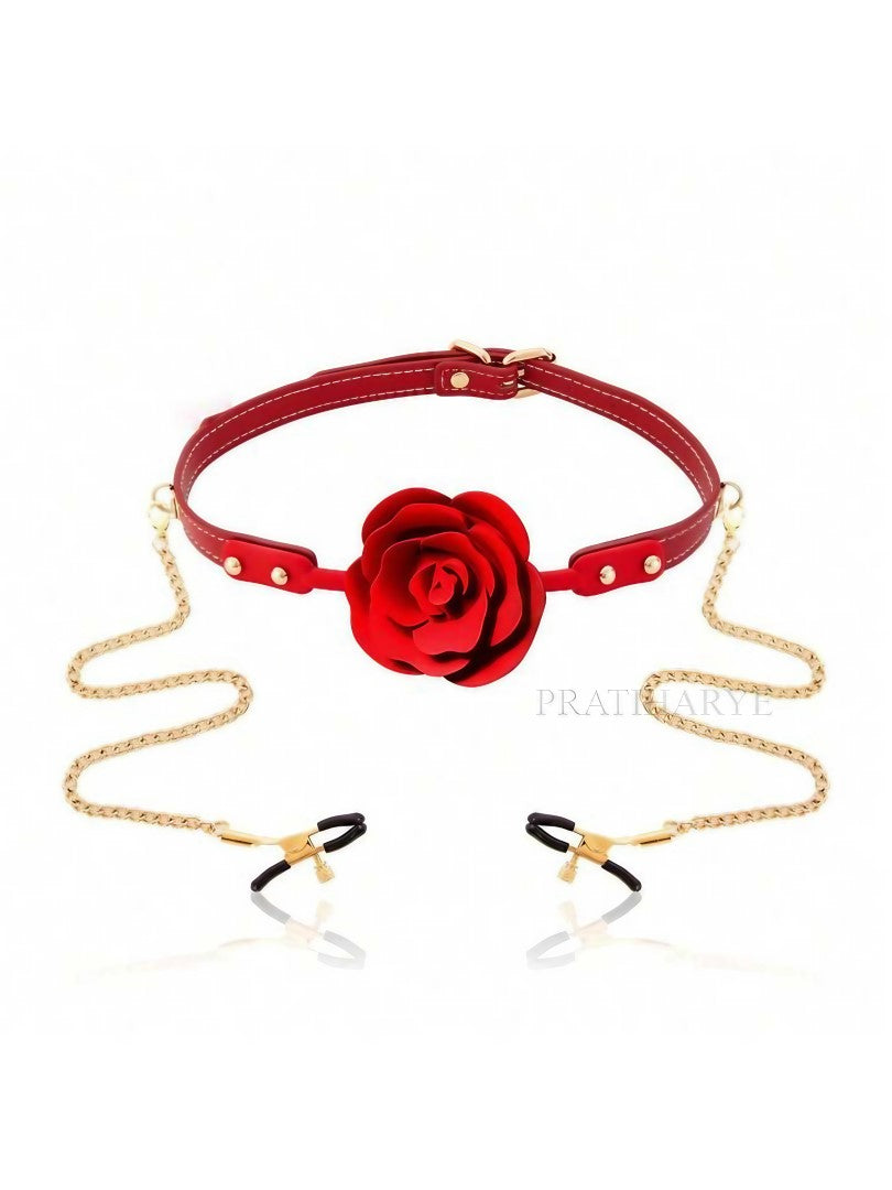 Premium Rose Gag Ball with Nipple Clamps