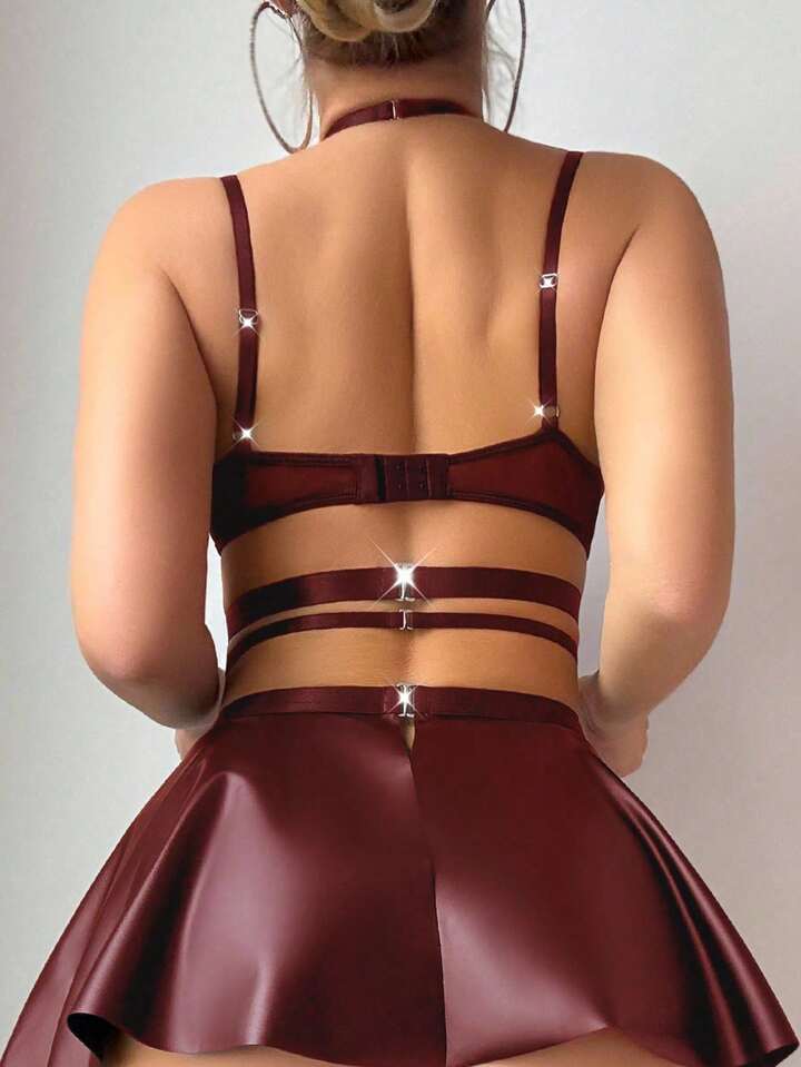 Wine Latex Skirt Lingerie set