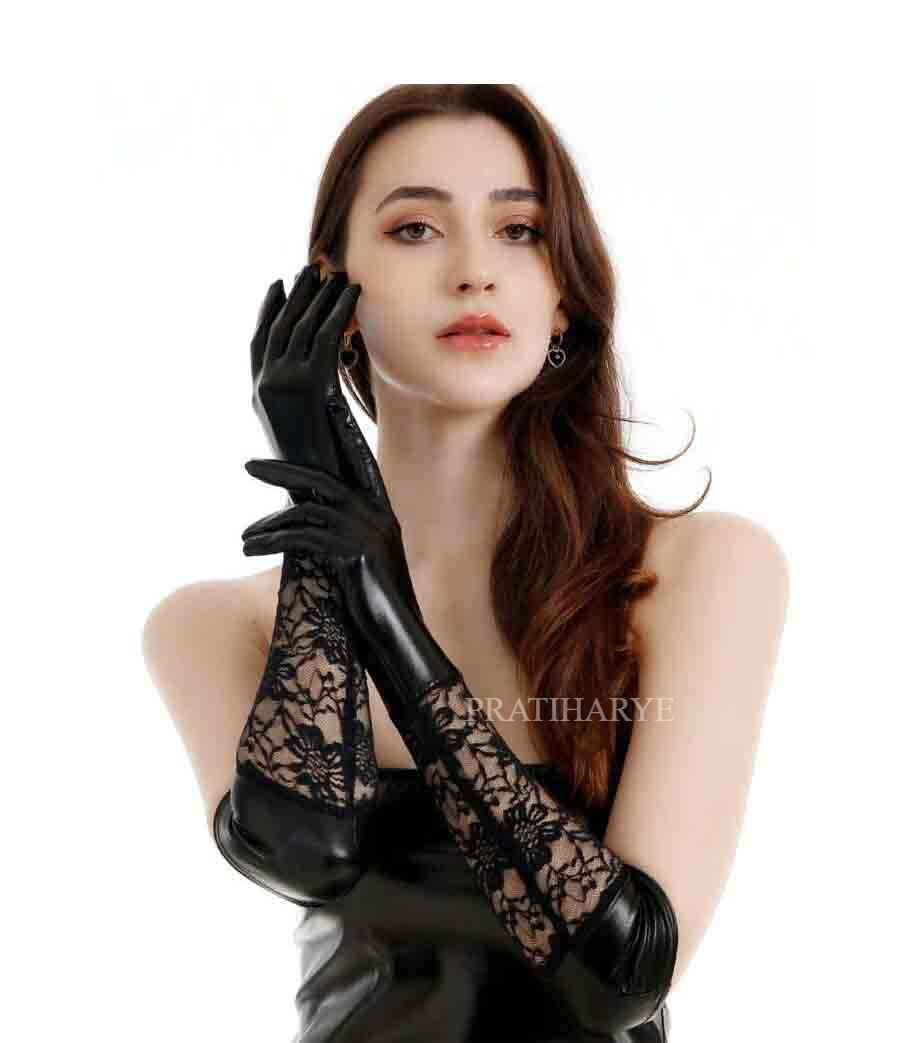 Faux Leather Lace Splicing Halloween Gloves