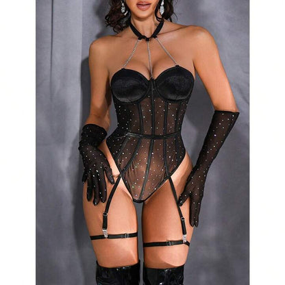 Rhinestone Desire Velvet Cup Bodysuit with Gloves