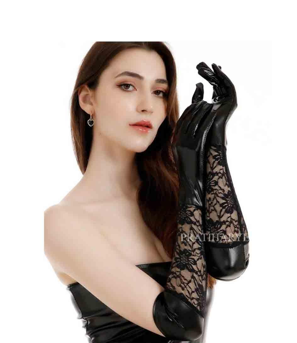 Faux Leather Lace Splicing Halloween Gloves