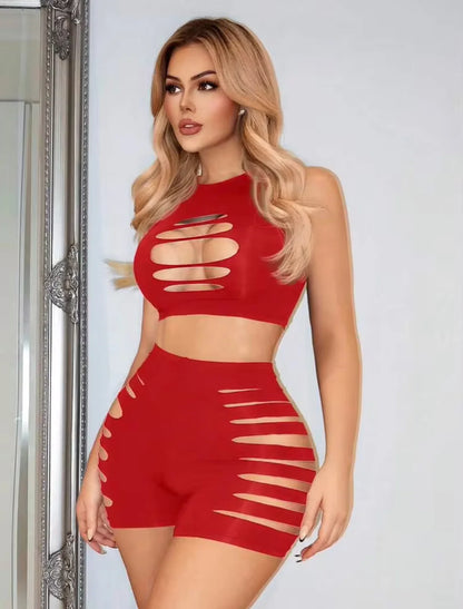 Red Sexy Fishnet Cut-Out 2-Piece Set