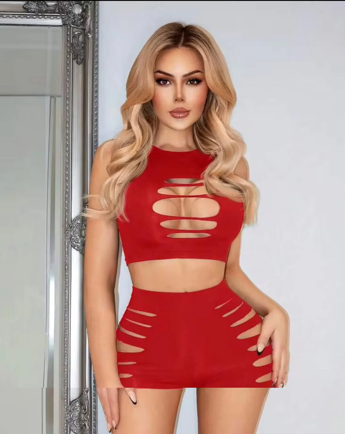 Red Sexy Fishnet Cut-Out 2-Piece Set