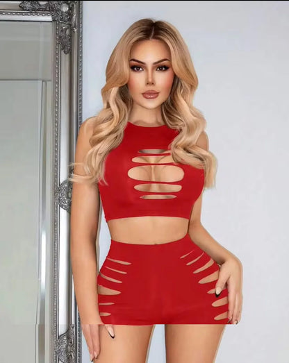 Red Sexy Fishnet Cut-Out 2-Piece Set