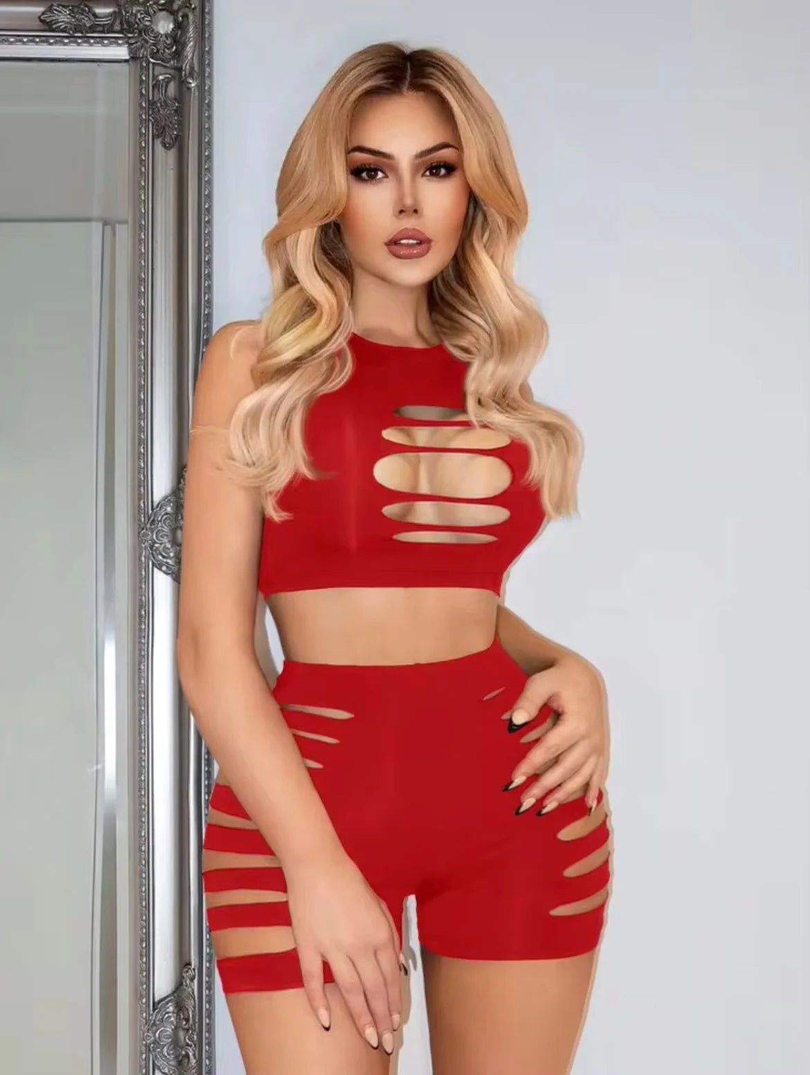 Red Sexy Fishnet Cut-Out 2-Piece Set