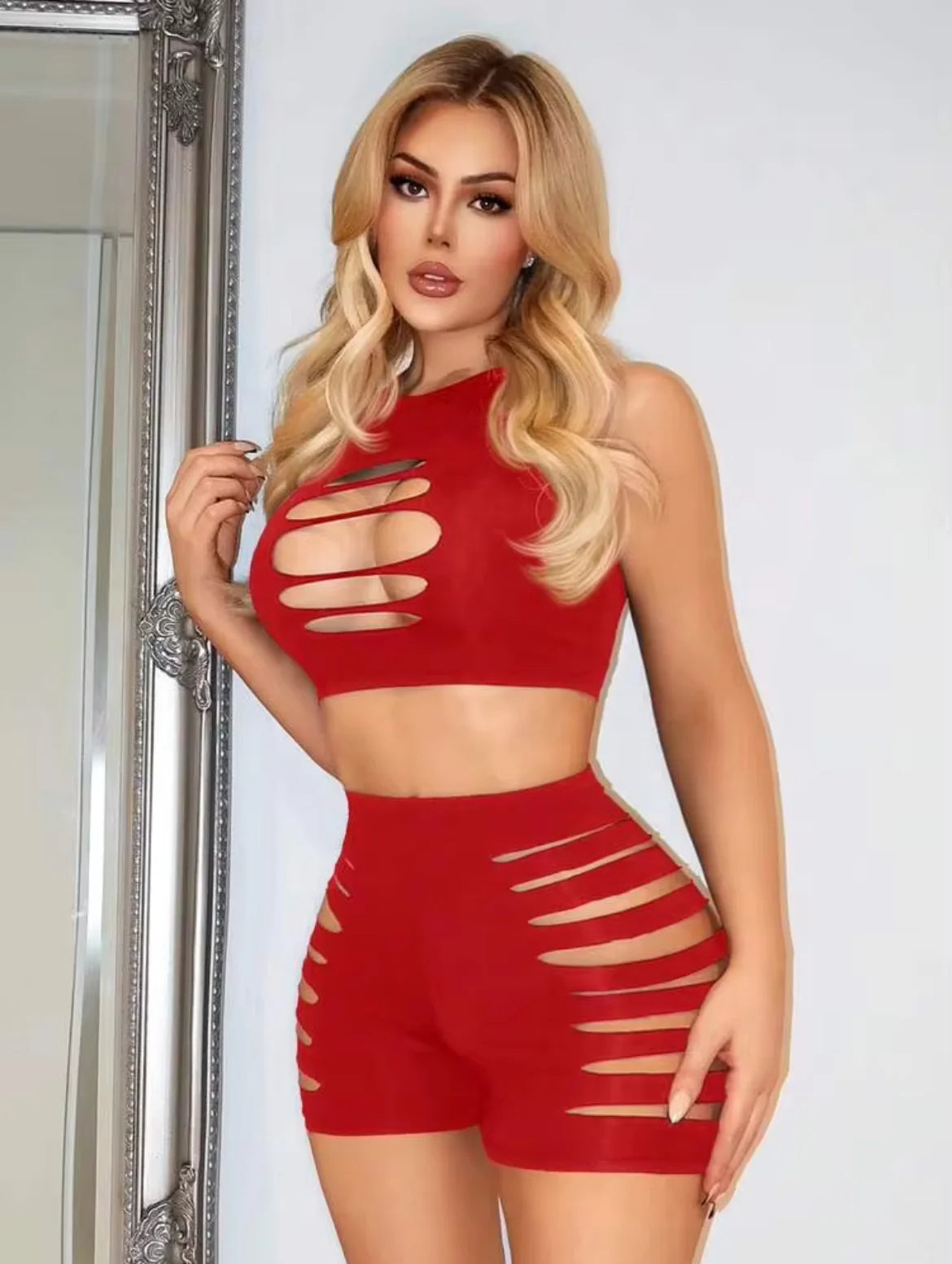 Red Sexy Fishnet Cut-Out 2-Piece Set