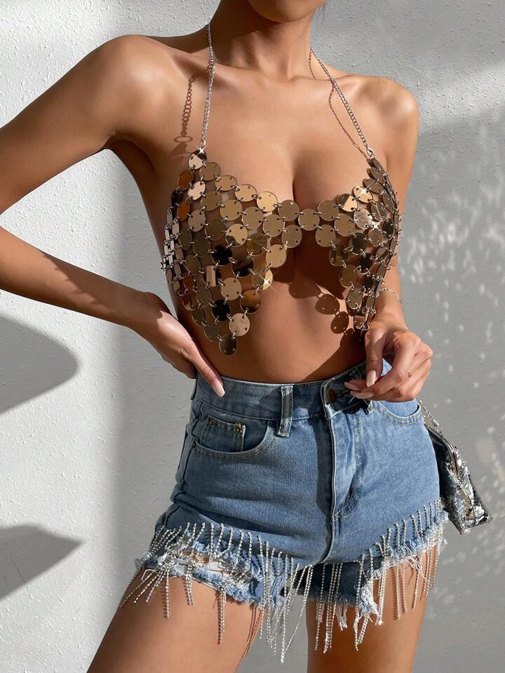 Heart Sequins Metallic Chain Top