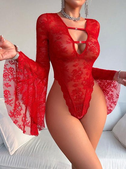 Sexy Red Flare Sleeves Bodysuit