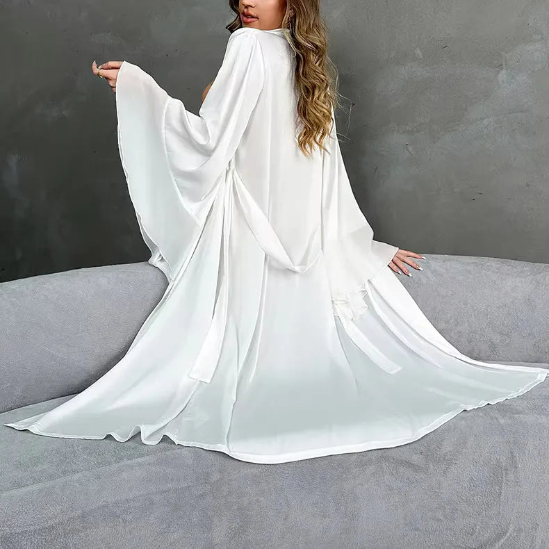 Premium White Sheer Mesh Flare Sleeve Long Robe