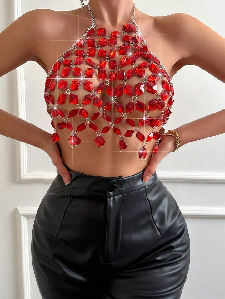 Sexy Red Backless Gemstone Crop Top