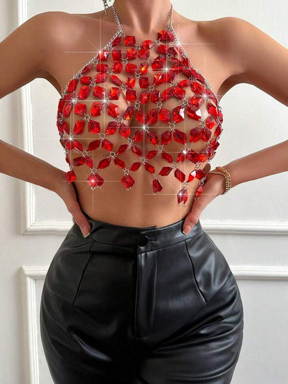 Sexy Red Backless Gemstone Crop Top
