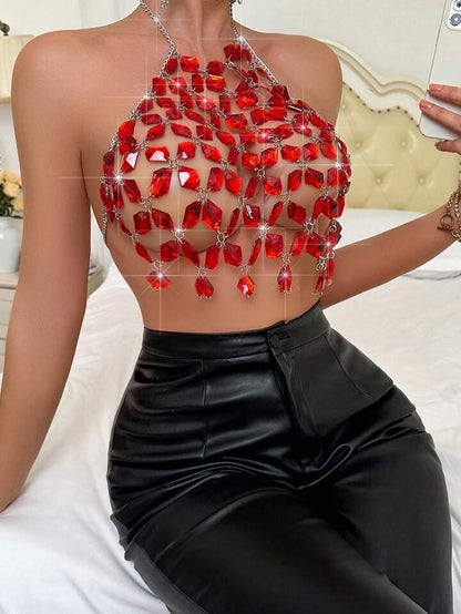Sexy Red Backless Gemstone Crop Top