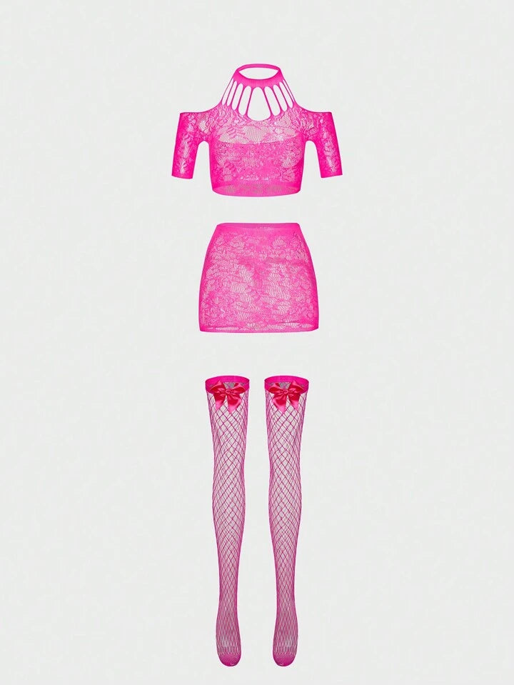Hot Pink Sexy Fishnet Lingerie with Stocking