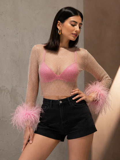 Premium Feather Cuff Sheer Mesh Top