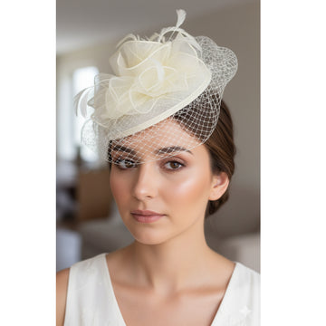 wedding fascinator for women
stylish party hats women
luxury fascinator hats
Ivory Floral Mesh Fascinator with Vei