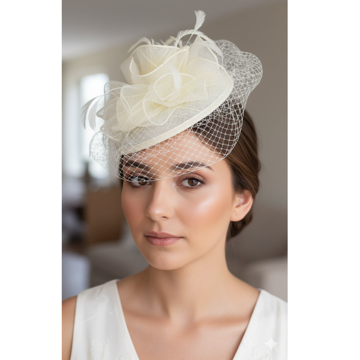 wedding fascinator for women
stylish party hats women
luxury fascinator hats
Ivory Floral Mesh Fascinator with Vei