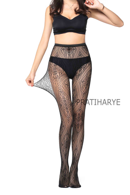 Lace Pattern High Waist Fishnet Pantyhose Stocking - D2