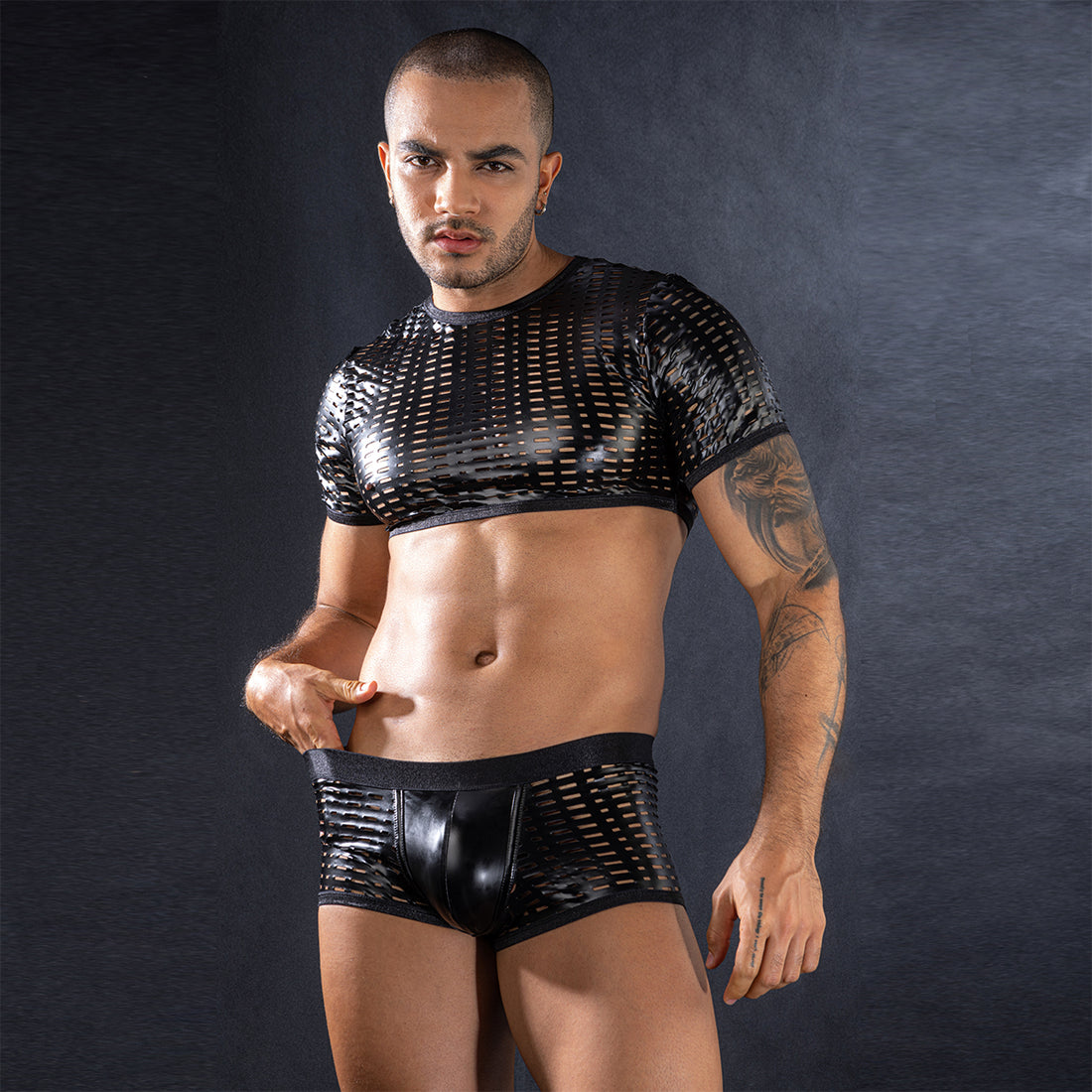 men party lingerie
men roleplay costume lingerie
premium erotic menswear india
luxury male lingerie india
Latex Men Hollow Out Mesh Set
