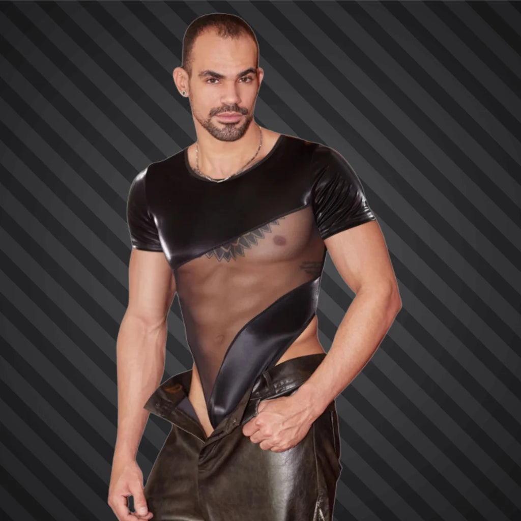 Sexy Faux Leather Mesh Bodysuit for Men