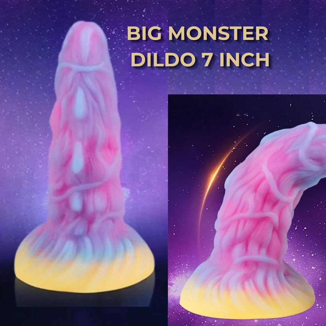 Veined dildo with flared suction base, shown upright and curved; pink, blue, and yellow design