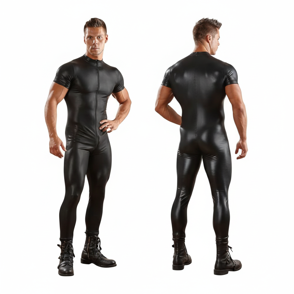 men bodysuit lingerie
exotic mesh bodysuit men
sexy men bodysuit
male lingerie bodysuit
Men Pu Leather Half Sleeve Jumpsuit Matt Finish