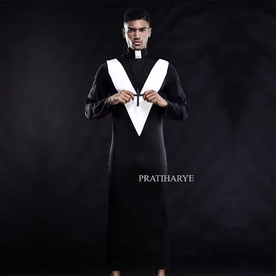 bdsm men lingerie
men roleplay outfit
men metallic fashion wear
men party lingerie
Men Sexy Priest Costume | Nun Roleplay