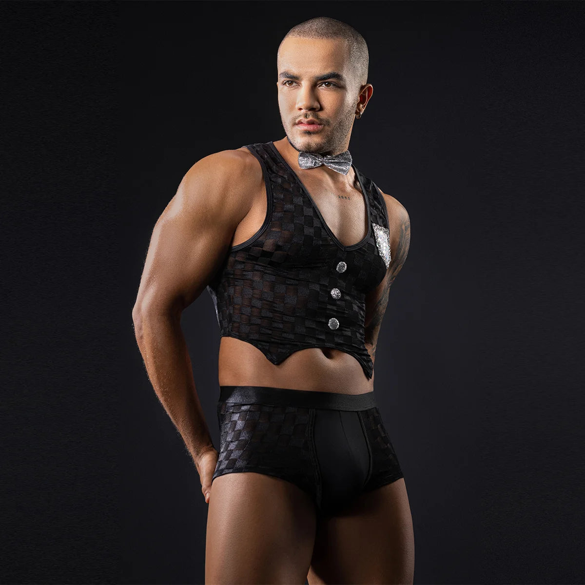men nylon jumpsuit
exotic mesh bodysuit men
men strappy bodysuit
men wrestling singlet sexy
Noir Mesh Men Power Set